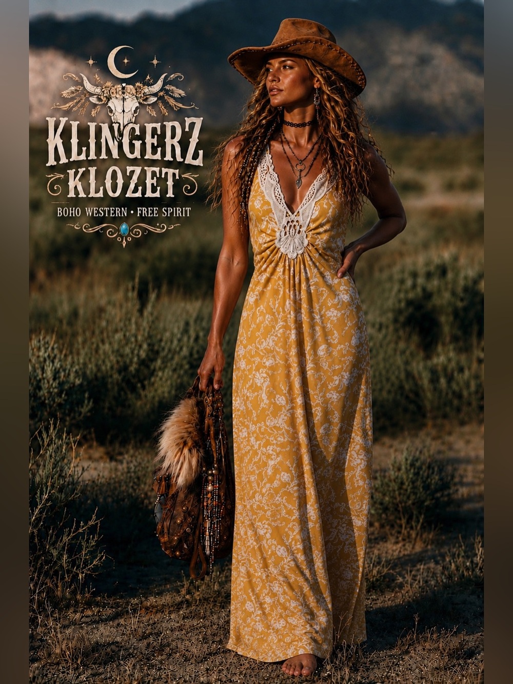 Jon & Anna Mustard Yellow Boho Lace-Trim Maxi Dress